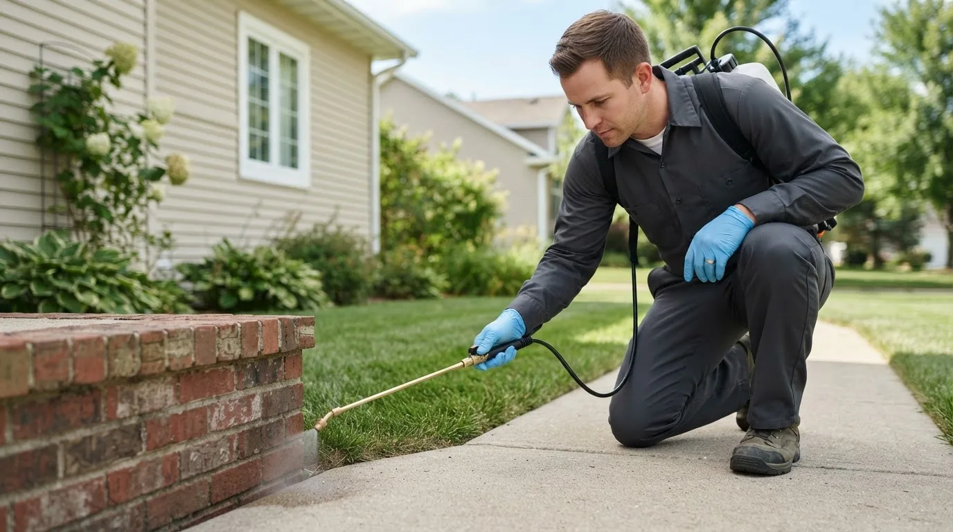 Pest control technician treating a home near Wooton, KY